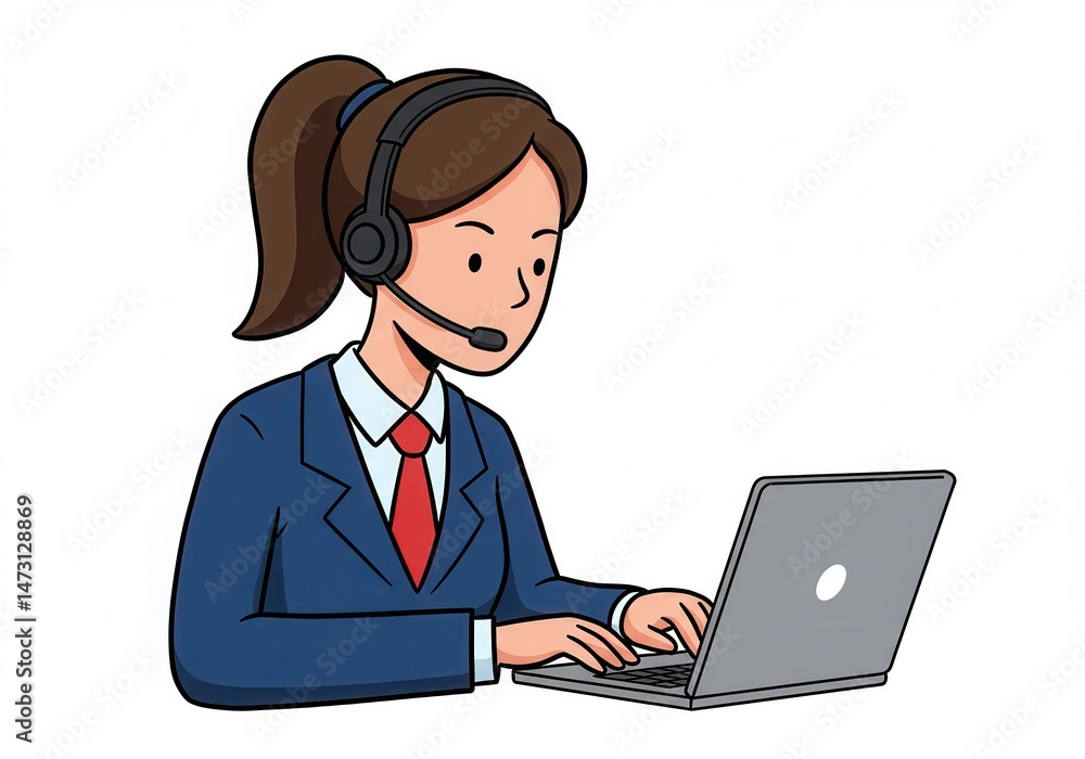 Cartoon woman with headset working on a laptop computer Cartoon woman with headset working on a laptop computer
