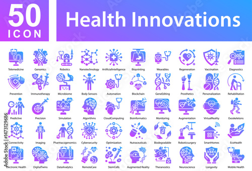 Health Innovations Icon Collection Set. Telemedicine,Genomics,Robotics,Nanotechnology,ArtificialIntelligence,Bioprinting,Wearables,Regeneration,Vaccination,Diagnostics, Icon Symple Glyph Gradient