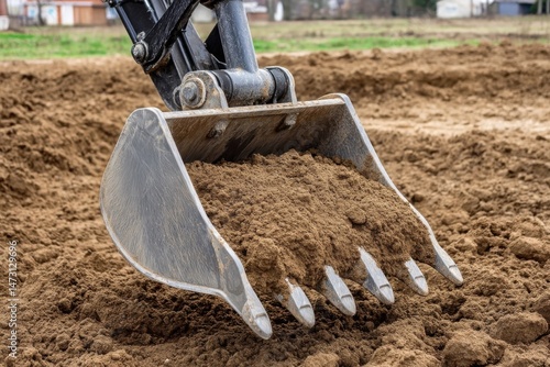 Wallpaper Mural Excavator bucket filled with soil, working on a construction site, ready to dump dirt. Torontodigital.ca
