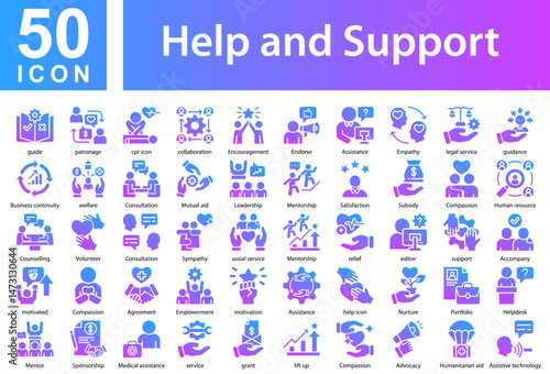 Help and Support Icon Collection Set. guide,patronage,cpr icon,collaboration,Encouragement,Endorse,Assistance,Empathy,legal service,guidance,Business continuity, Icon Symple Glyph Gradient