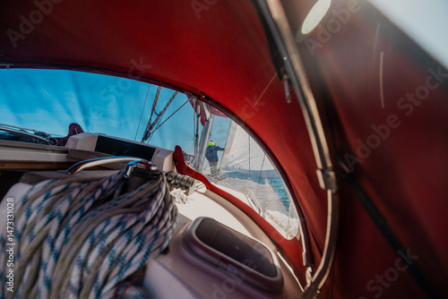 Tableau sur toile sailing yacht sailing at sunset, Sailing Yacht on Blue Sea Under Clear Sky, Summ