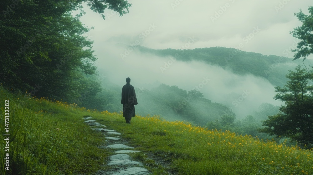 Fototapeta premium Misty mountain path with a figure walking.
