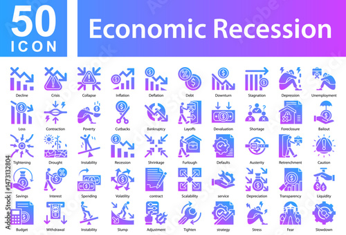 Economic RecessionIcon Collection Set. Decline,Crisis,Collapse,Inflation,Deflation,Debt,Downturn,Stagnation,Depression,Unemployment,Loss,Contraction, Icon Symple Glyph Gradient