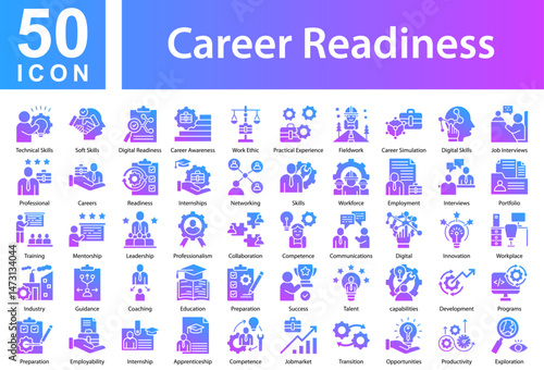 Career Readiness Icon Collection Set. Technical Skills,Soft Skills,Digital Readiness,Career Awareness,Work Ethic,Practical Experience,Fieldwork,Career Simulation, Icon Symple Glyph Gradient