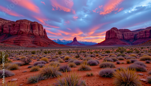 Stunning desert landscape featuring vibrant sunset colors illuminating sky above towering rock formations and sparse vegetation. scene evokes sense of tranquility and awe