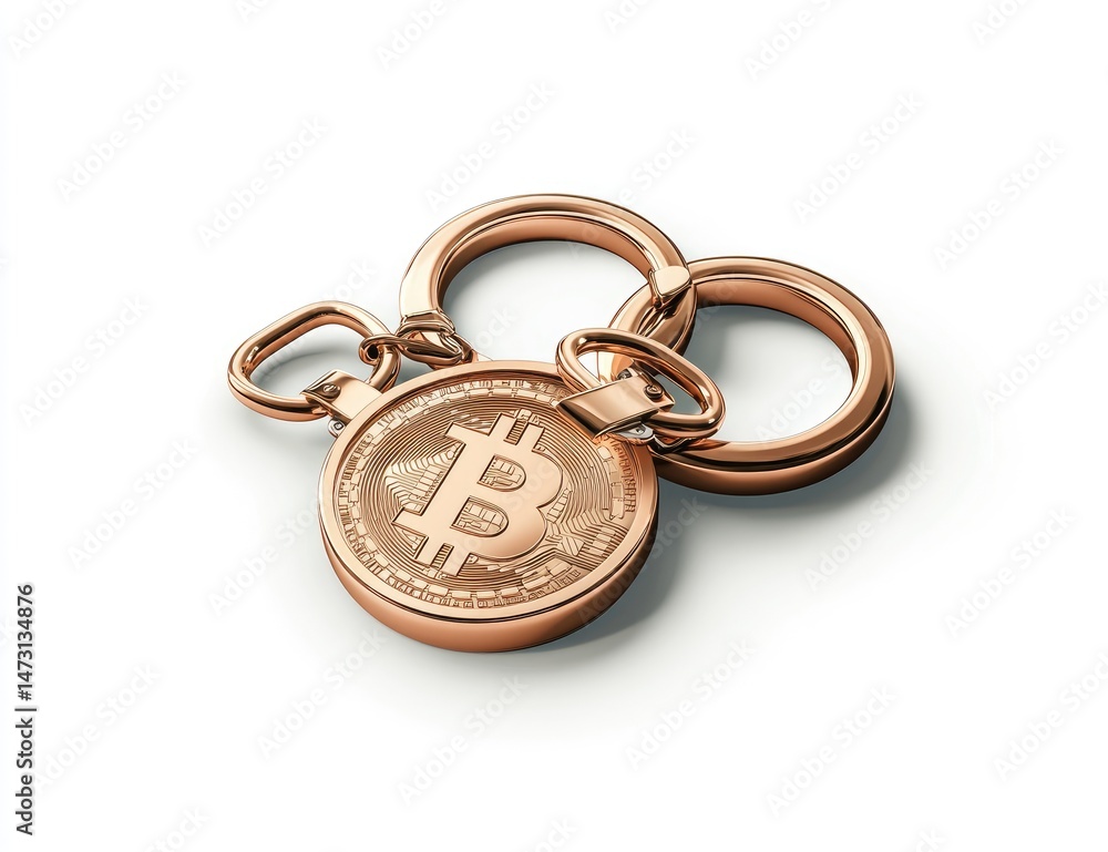 Rose gold-colored Bitcoin keychain. Detailed coin design Rose gold-colored Bitcoin keychain. Detailed coin design