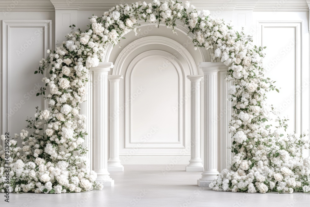 Fototapeta premium Elegant white floral archway backdrop (1)