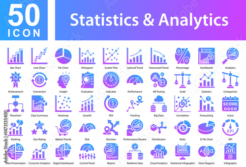Statistics & Analytics Icon Collection Set. Bar Chart,Line Chart ,Pie Chart,Histogram,Scatter Plot,Upward Trend,Downward Trend,Percentage,Dashboard,Analytics,Achievement,Icon Symple Glyph Gradient