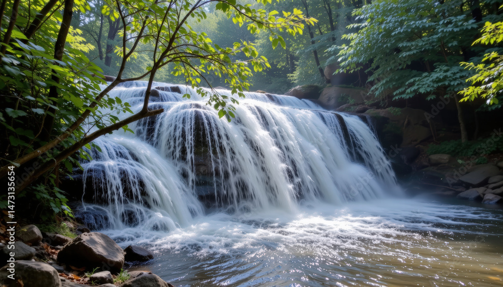 Obraz premium Serene waterfall cascades over rocks, surrounded by lush green foliage, creating tranquil atmosphere. sunlight filters through trees, enhancing beauty of this natural scene
