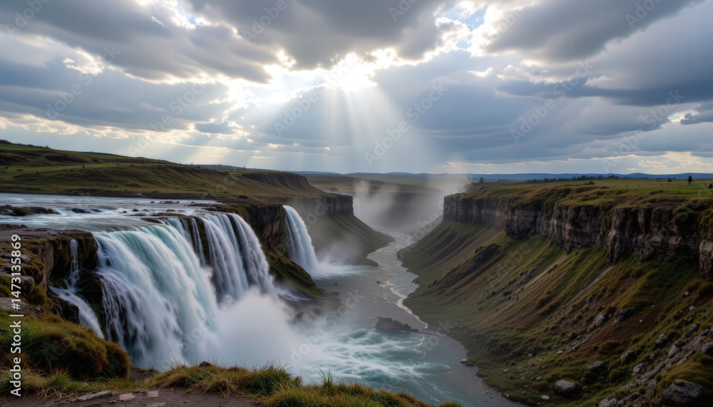 Fototapeta premium Majestic waterfall cascading down rocky cliffs, surrounded by lush greenery and winding river. scene is illuminated by dramatic rays of sunlight breaking through clouds, creating serene atmosphere