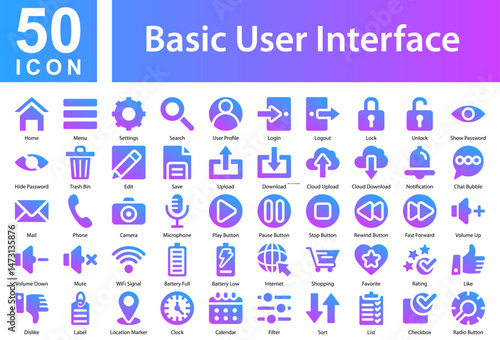 Basic User Interface Icon Collection Set. Home,Menu,Settings,Search,User Profile,Login,Logout,Lock,Unlock,Show Password,Hide Password,Trash Bin, Icon Symple Glyph Gradient