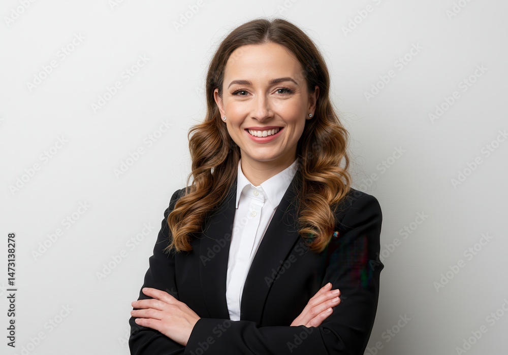 Confident businesswoman in suit smiles with arms crossed against white background Confident businesswoman in suit smiles with arms crossed against white background