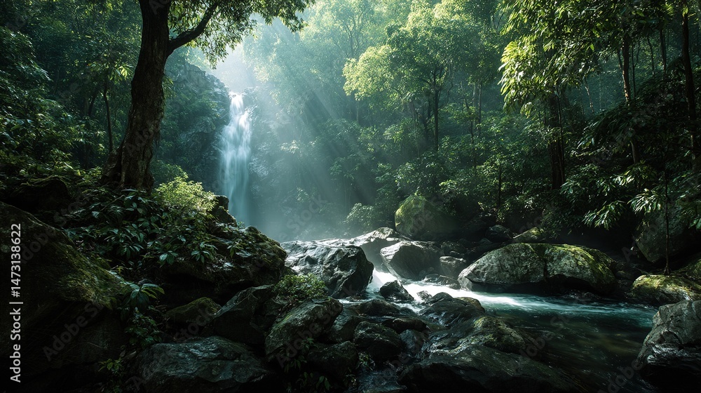 Fototapeta premium The waterfall cascading down from the dense tropical rainforest is misty under the golden sunlight, surrounded by lush green vegetation and crystal clear pools.