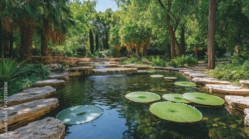 Serene park scene with a tranquil water feature.
