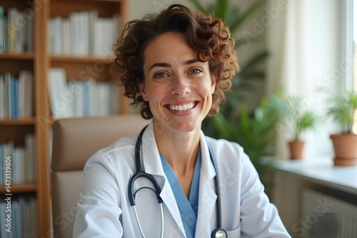Portrait Of Smiling Female Doctor With Stethoscope Sitting Behind Desk In Office