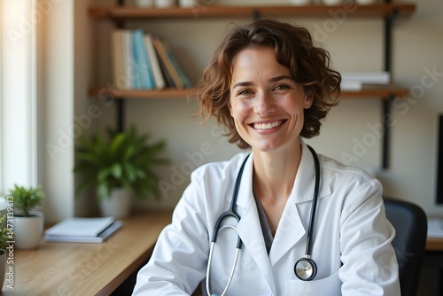 Portrait Of Smiling Female Doctor With Stethoscope Sitting Behind Desk In Office