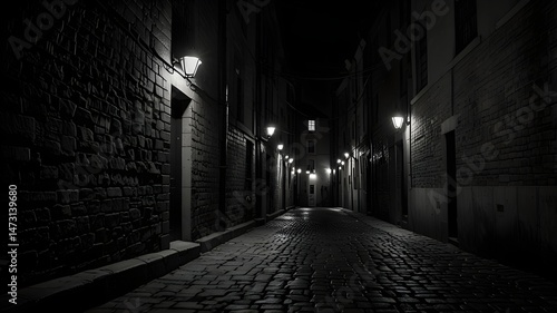 Dark alleyway with a brick wall and a brick sidewalk. There are two doors on the wall