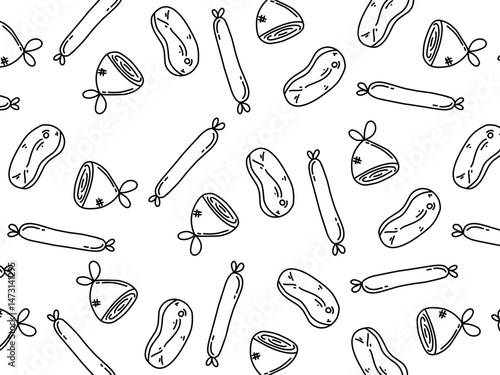 Variety of meat  cartoon doodle background. Sausages, bratwurst, Chunk of meat steak. Chicken meat. Tied Baloney. Various meat product for wallpaper and wrappers decoration. 