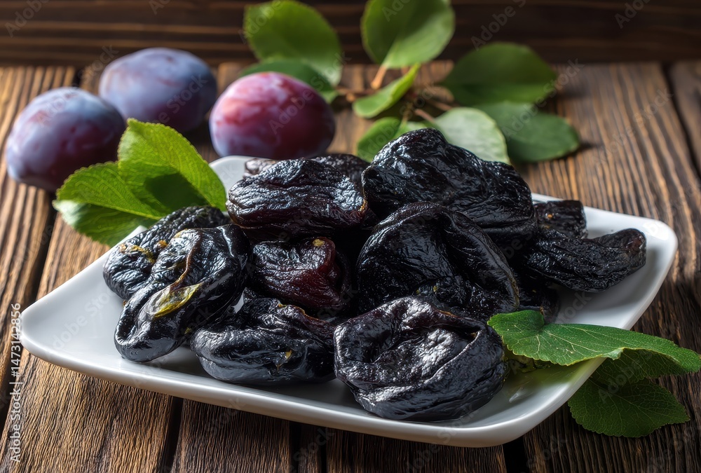 Fresh and Dried Plums on Wooden Table with Green Leaves, Healthy Snack Option, Natural Ingredients for Cooking and Baking, Organic Food Concept Fresh and Dried Plums on Wooden Table with Green Leaves, Healthy Snack Option, Natural Ingredients for Cooking and Baking, Organic Food Concept