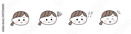 ゆるかわいい手描き風の表情セット／一つ結びの女性