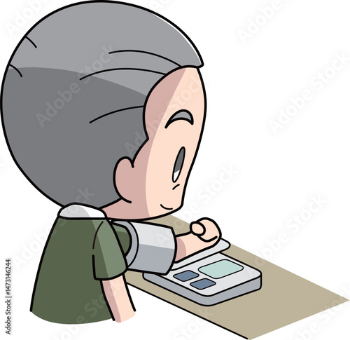 上腕自動式の血圧計で血圧を測る高齢男性のイラスト