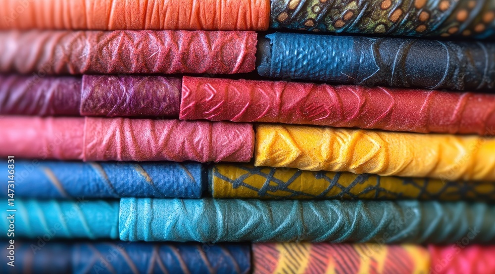 Close-up of colorful, textured cylindrical objects stacked in rows. A variety of vibrant hues and patterns are visible, including geometric, striped, and patterned designs Close-up of colorful, textured cylindrical objects stacked in rows. A variety of vibrant hues and patterns are visible, including geometric, striped, and patterned designs
