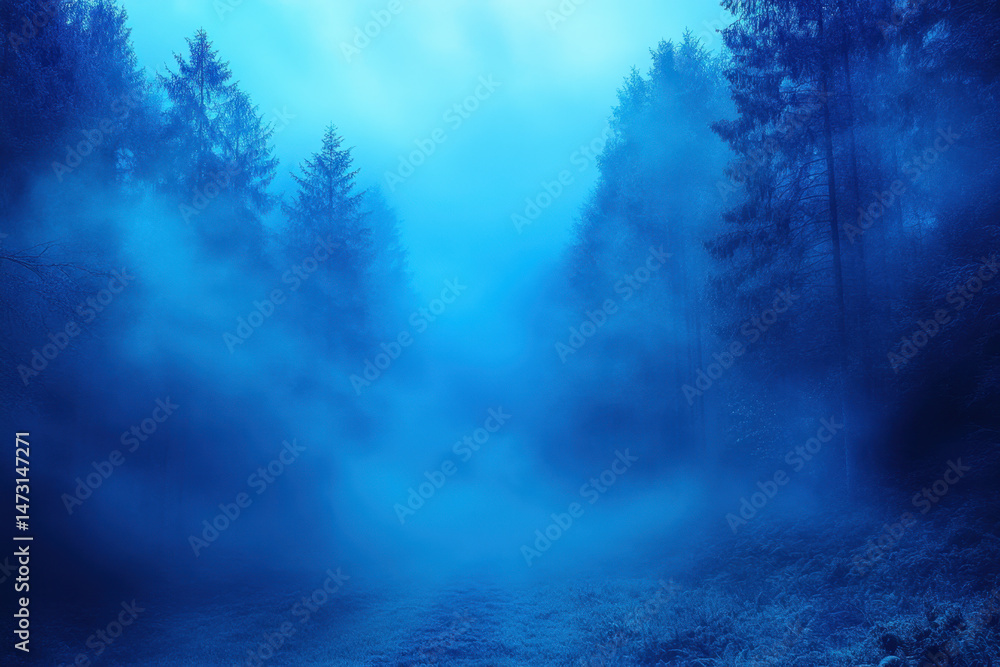 Tall trees stand in a dark blue foggy forest. Tall trees stand in a dark blue foggy forest.