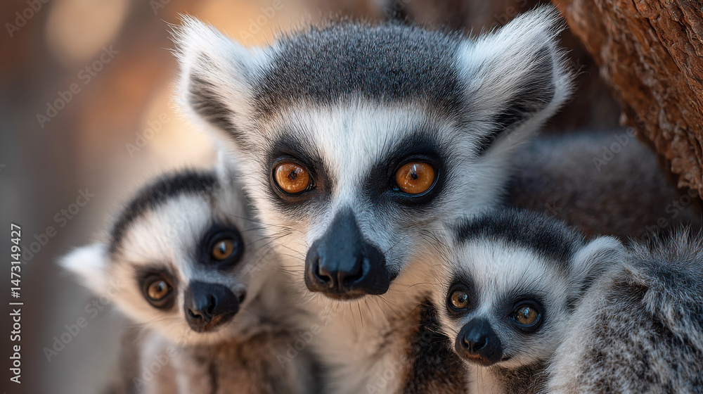 Obraz premium Close-up portrait of a ring-tailed lemur with two young lemurs, showcasing their expressive amber eyes and soft fur against a blurred natural background. : Generative AI