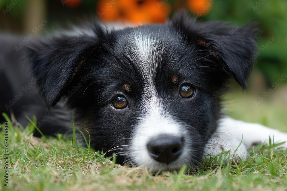 Fototapeta premium Adorable border collie puppy lying in the grass, gazing intently at the camera with big brown eyes. Its black and white fur is soft and fluffy, showcasing its youthful charm. : Generative AI