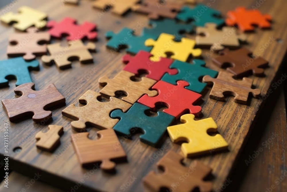Close-up of intricate wooden jigsaw puzzle pieces, various shapes and colors, on a rustic wooden table , complex, entertainment Close-up of intricate wooden jigsaw puzzle pieces, various shapes and colors, on a rustic wooden table , complex, entertainment