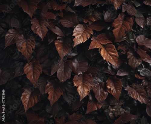 Mysterious overlapping leaves, rich dark tones, elegant design, overlapping, plant, deep
