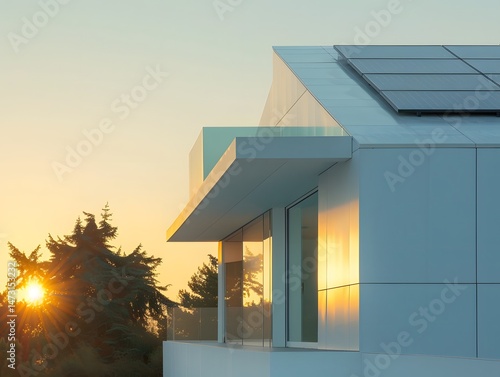 Architectural view showcasing the sleek white facade of a modern home at sunset.