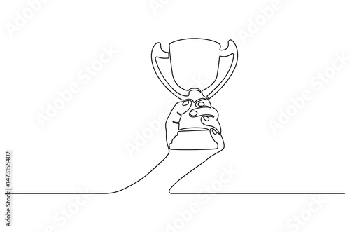 Continuous one line drawing of Hand holding trophy. Single line drawing illustration of People holding an awards cup. Achievement concept vector art. Doodle line illustration.