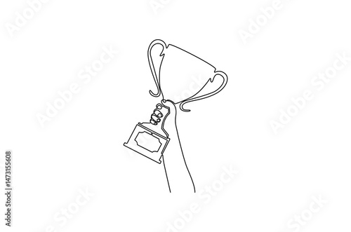 Continuous one line drawing of Hand holding trophy. Single line drawing illustration of People holding an awards cup. Achievement concept vector art. Doodle line illustration.