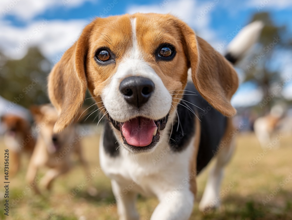 A happy beagle runs on grass, tongue out, other dogs blur behind it A happy beagle runs on grass, tongue out, other dogs blur behind it