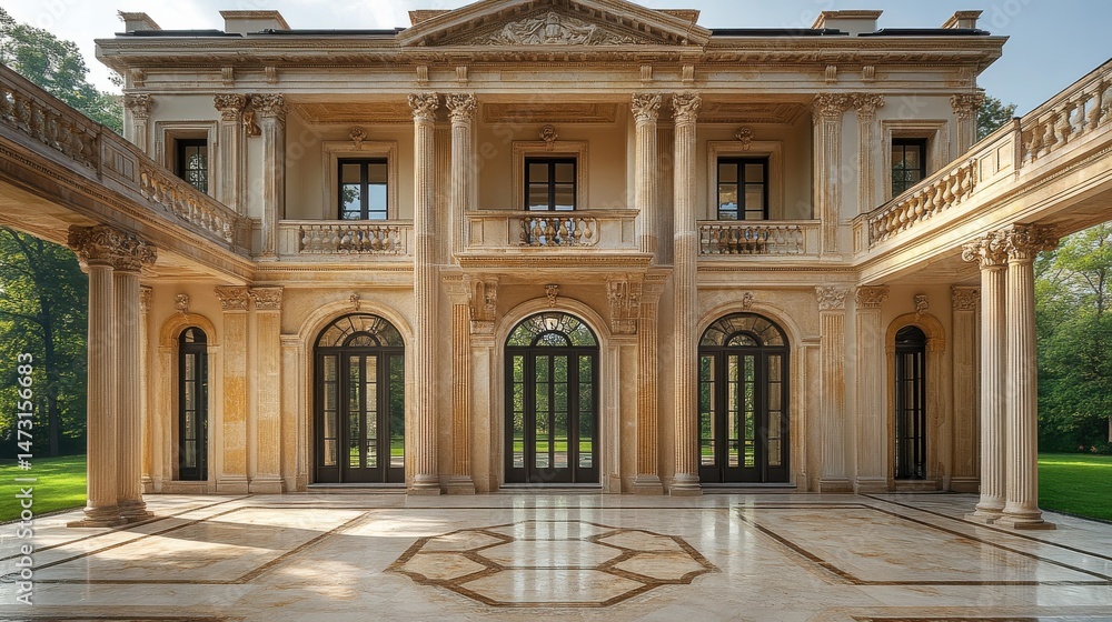 Obraz premium Grand Beige Stone Mansion with Classical Architecture and Lush Green Background