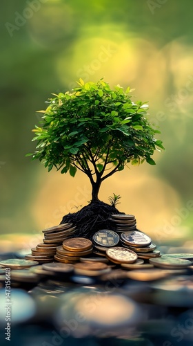 Small tree growing from a stack of coins