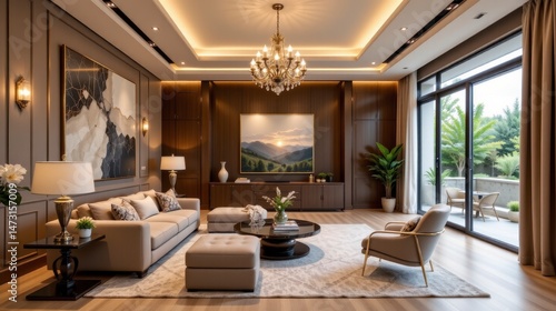 Wallpaper Mural Elegant modern living room with artistic decor, cozy seating, and beautiful natural light coming through large windows Torontodigital.ca