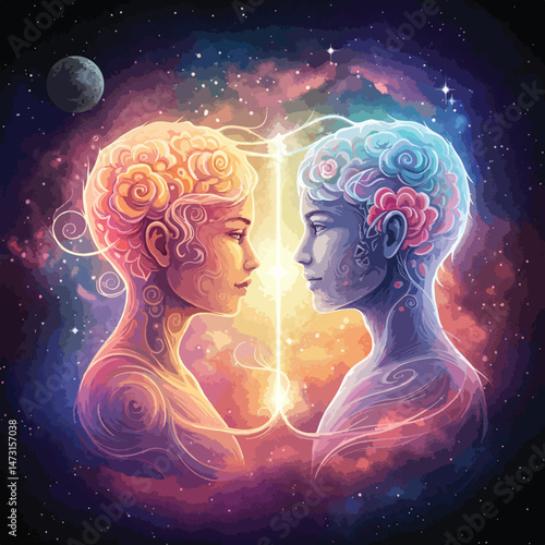 A vibrant and ethereal digital illustration depicting two human profiles facing each other within a cosmic space filled with stars