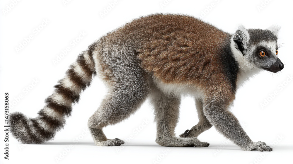 Obraz premium A ring-tailed lemur walks gracefully on a white background, showcasing its distinctive fur pattern and long, striped tail. The lemur's orange eyes and alert expression add to its capti : Generative AI
