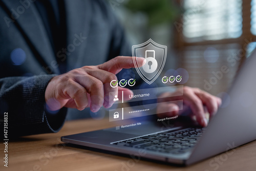Billede på lærred User accessing secure login system with shield icon and password form, representing cybersecurity, data protection, online privacy, secure authentication, and digital identity verification