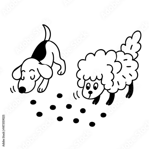 The dogs playing and happy together sniff the small thing on floor