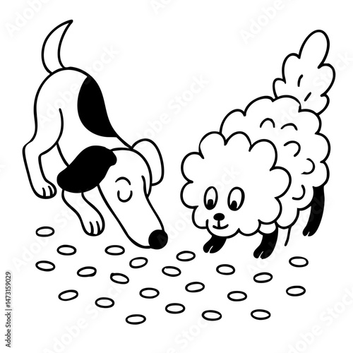 The dogs playing and happy together sniff the small thing on floor