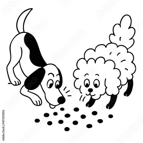 The dogs playing and happy together sniff the small thing on floor