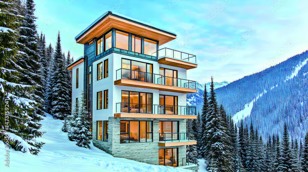 Fototapeta premium Luxurious modern mountain home nestled in a snowy, pine-tree-filled landscape. Breathtaking winter scenery.