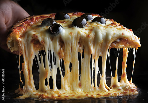 A hand holding up a slice of deep-dish pizza with lots of cheese and olives. The mozzarella is stringy on the pizza, with other toppings photo
