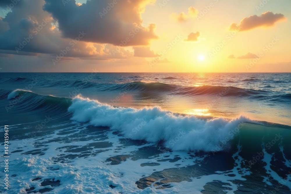 Fototapeta premium Vast, deep ocean scene with waves and sunlight , open, power, marine life