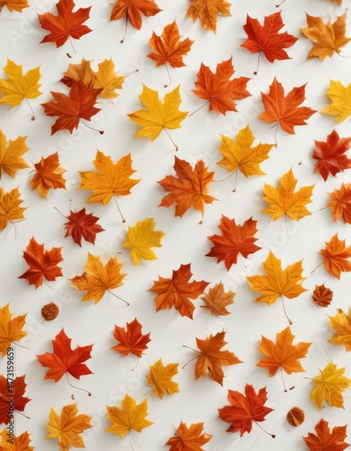 Crisp, individual maple leaves in various autumn colors, floating on white ,  rusty,  scarlet