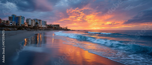 Beach coast with ocean waves at sunset with buildings and clouds in the sky