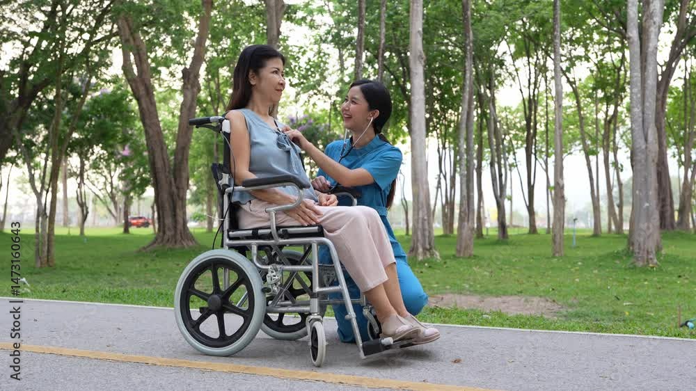 Elderly woman sitting in a wheelchair and being cared for by a female nurse in the park, natural therapy concept Staff or caretakers of the elderly Elderly woman sitting in a wheelchair and being cared for by a female nurse in the park, natural therapy concept Staff or caretakers of the elderly